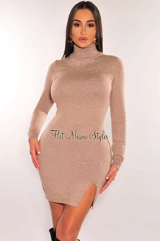 Fashion Deal Taupe Ribbed Knit Turtleneck Long Sleeve Sweater Dress Disco - Inspired Retro Dance Look