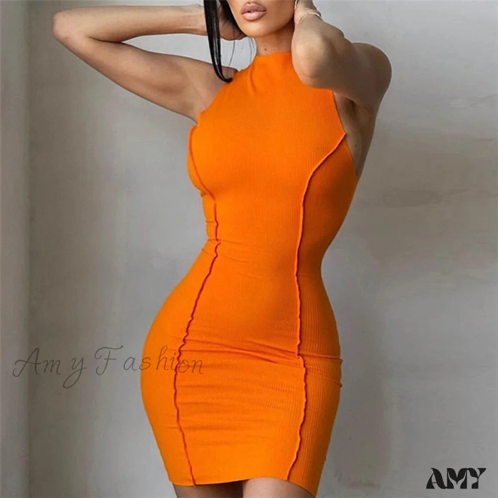 Exclusive Sale Amy Fashion - Soild Orange Sleeveless Sexy Bodycon Dress Urban Sophistication