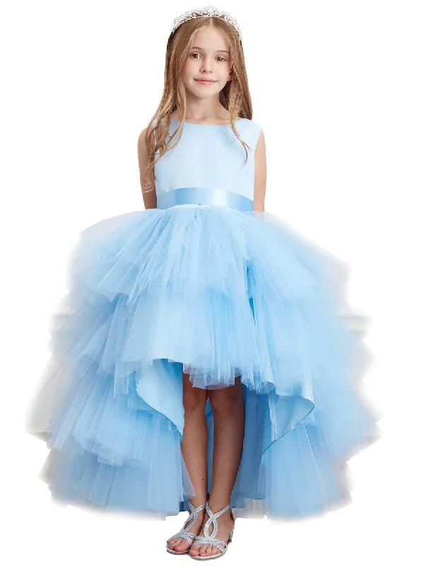 Classic Chic Deals Little Girls Sky Blue Sash Ruffled Tulle High Low Junior Bridesmaid Dress 8-16 Casual Chic