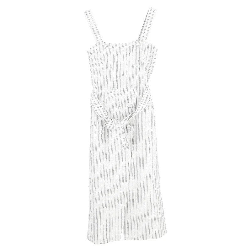 Classic Elegance Sales Altuzzara Audrey Striped Belted Midi Sleeveless Dress in White Linen Disco - Inspired Retro Dance Look