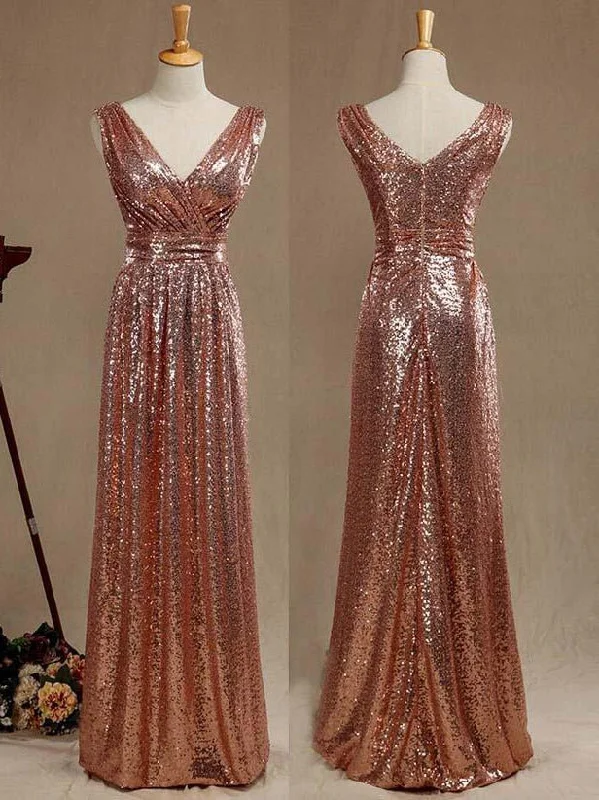 Stylish Looks Numbersea Sheath Column Rose Gold Sequin Bridesmaid Dress Sheath Column V-neck Evening dress Flash Sale