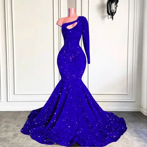 Affordable Luxury Fashion Royal blue sparkly prom dresses long sleeve one shoulder mermaid cheap formal party dresses     cg24875 Subtle Sophistication