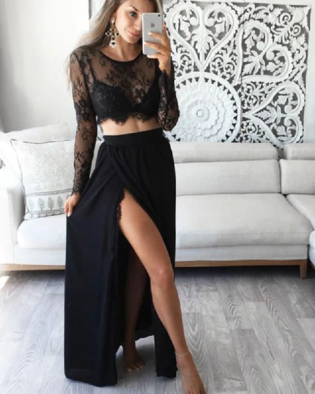 Cozy Comfort Style Sale Black/White Two Pieces Long Sleeves Lace Prom Party Dresses with Slit PL2214 Limited - Edition Drops