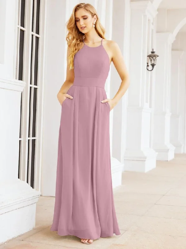 Street Chic Discounts Numbersea Halter Bridesmaid Dresses with Pockets Sleeveless Formal Evening Party Prom Gowns  28055 Feminine Soft - Hued Look