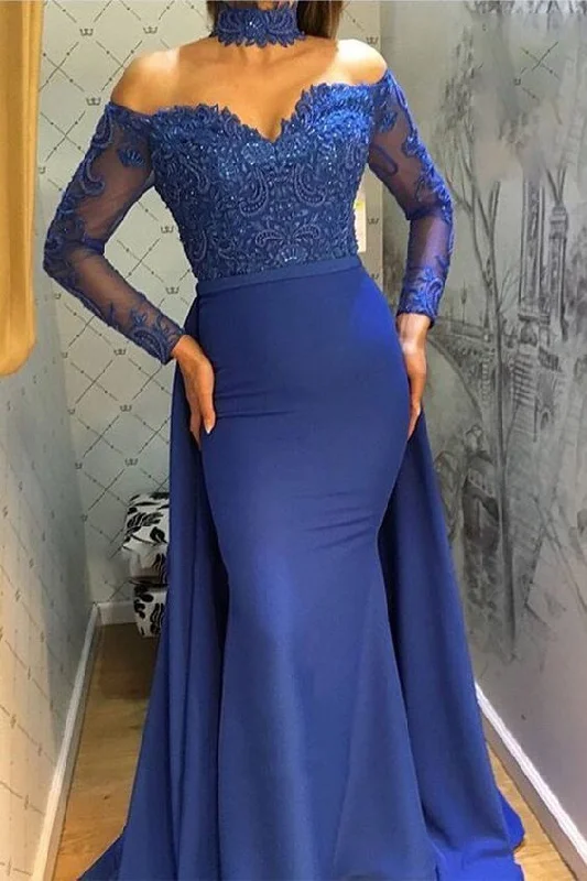 Shop The Hottest Deals Unique Prom Dresses, Charming Mermaid Royal Blue Long Sleeves Off Shoulder Sweetheart Lace Prom Dress  cg6931 Feminine Grace