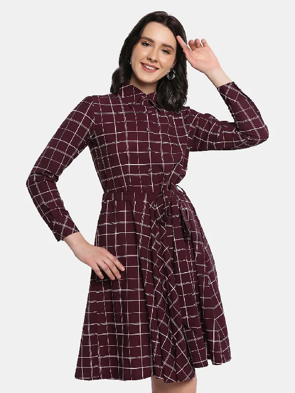 Polished Style Deals Poly Crepe Checkered Flare Shirt Dress - Maroon Chic Allure