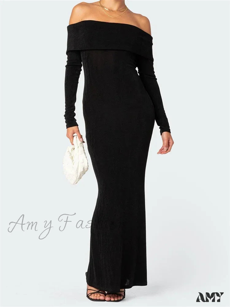 End Of Season Sale Amy Fashion - Elegant Women  Slash Neck Off Shoulder Bodycon Black Solid  Sleeve Party  Formal Female Vestidos Elegant Ensemble