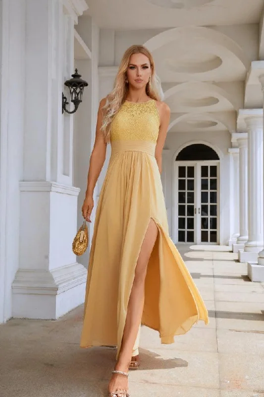 Chic Trends Unveiled Ladies Lace Chiffon Round Neck Sleeveless Floor Length Bridesmaid Prom Evening Dress Wedding Party Beach 28106 Charming Silhouette