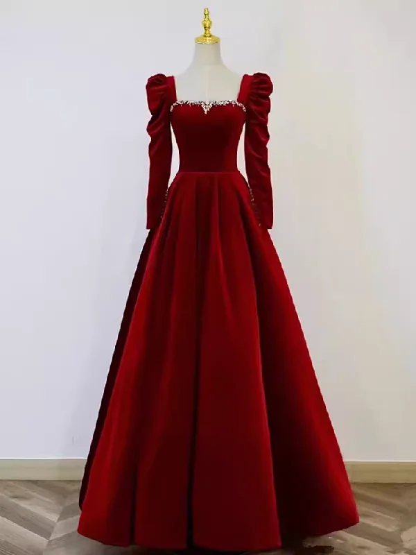 Sophisticated Style Offers Sexy A line Long Sleeves Velvet Long Red Prom Dresses CC836 Refined Simplicity