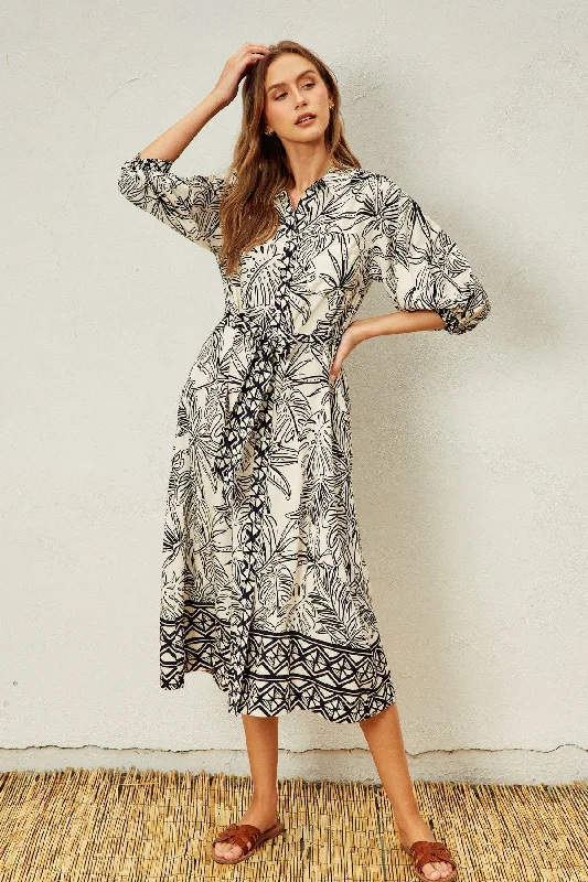 Weekend Exclusive Black Tropical Print Button Down Shirt Dress Casual Chic