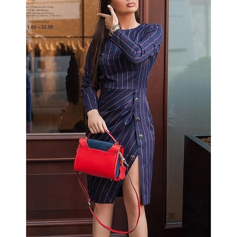 Feminine Luxe Style Sale Striped Printed Bodycon Side Slit Button Long Sleeve Elegant Office Wear Knee Length Elegant Details