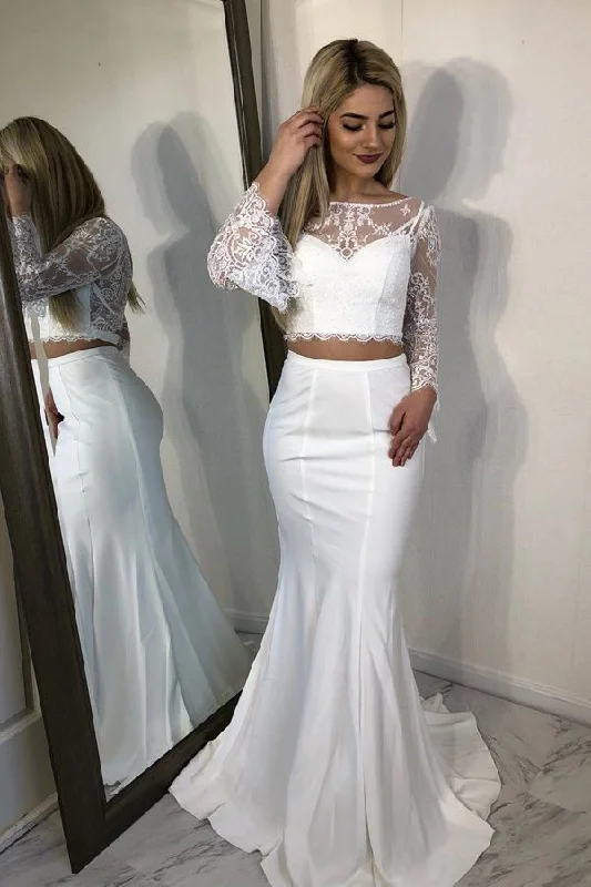 Trendy Street Style Long Sleeves White Prom Dress, Long Sleeves Formal Dress, 2 Pieces Evening Dress     cg22561 Boho Chic