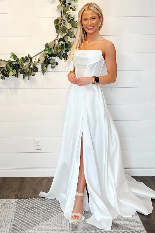 Fashion Sale A-Line White Strapless Sheer Back Long Wedding Dress Dreamy Draping