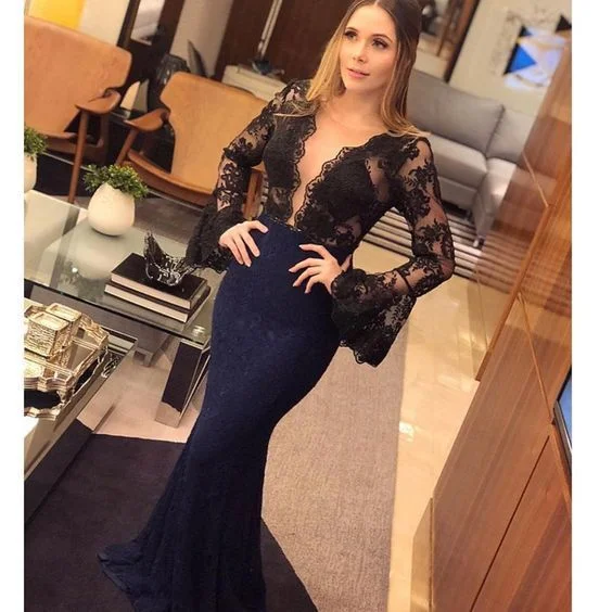 Affordable Luxury Fashion black prom dresses deep v neck long sleeve lace mermaid evening dresses black party dresses   cg12849 Feminine Allure