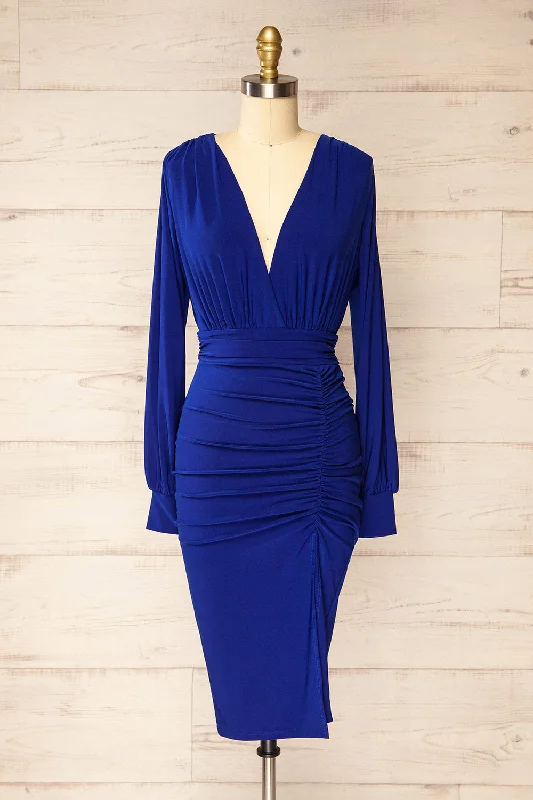 Enjoy Discount Pessac Blue | Fitted Midi Dress w/ Long Sleeves Save on Classic Elegant Styles