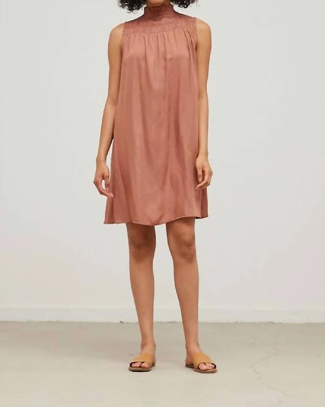 Flash Sales The Whitney Dark Rose Smocked High-Neck Sleeveless Satin Mini Dress In Brown Soft Textures