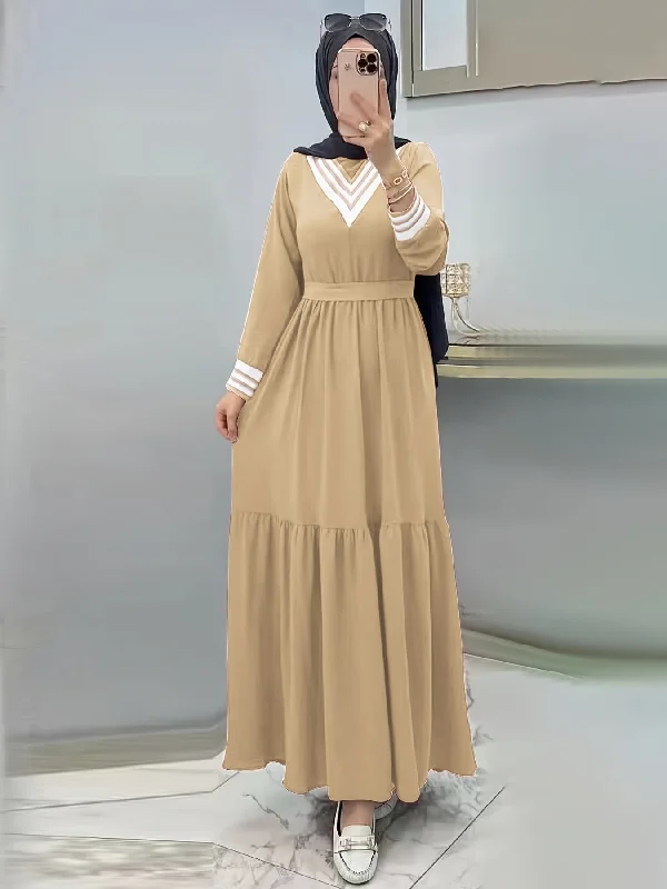 Casual Fashion Ramadan Long Sleeve Tie Waist Modest Dress, Solid Maxi Modest Dress, Women's Clothing Classic Appeal