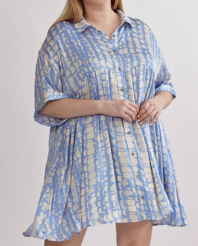 Limited Styles Satin Printed Shirt Dress In Light Blue Hollywood Glam Award - Show Style