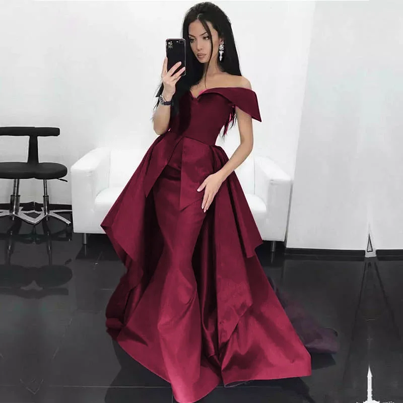 Big Discounts Dark Red Mermaid Prom Dress Satin off Shoulder women formal Evening Long Gown with Train Modern Glamour