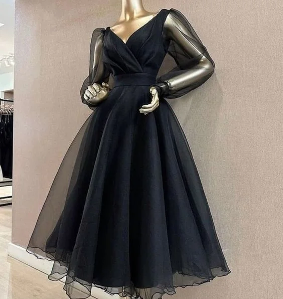 Bold Style Discounts Modest A Line V Neckline Long Sleeves Black Tulle Prom Dresses Evening Dress C3071 Romantic Detailing