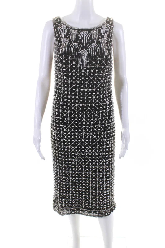 Easy Elegance Sales Theia Womens Sleeveless Beaded Faux Pearl Sheath Dress Black Vintage Charm