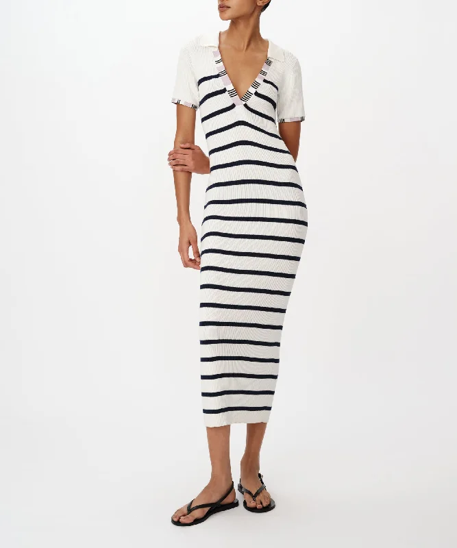 Modern Chic Discounts Cotton Silk Blend Striped Sleeveless Split Collar Dress - White-Midnight Limited - Edition Drops