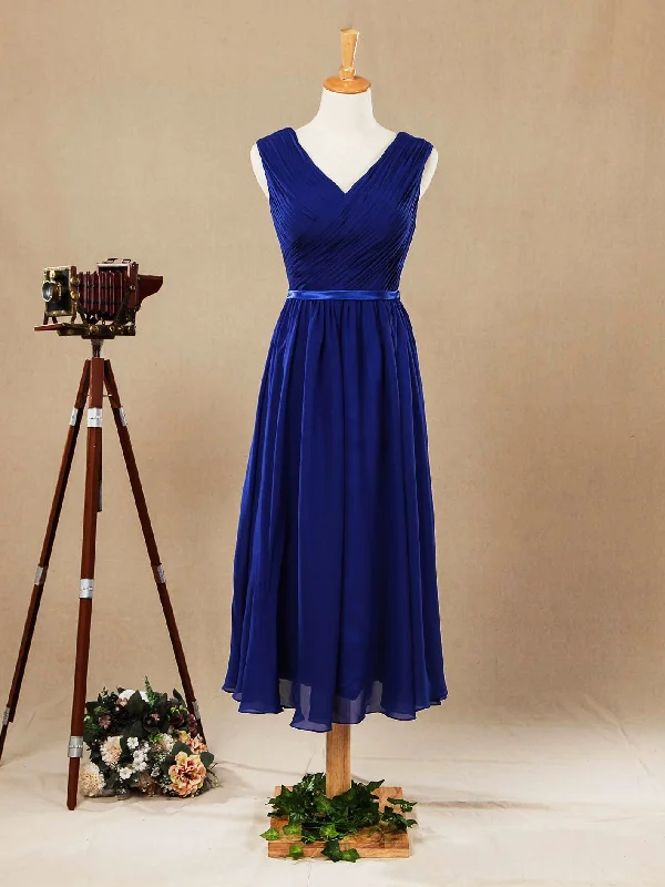 Day-To-Night Styles Numbersea Tea Length A-Line V-neck Chiffon Bridesmaid Dress with Sash Weekend Special