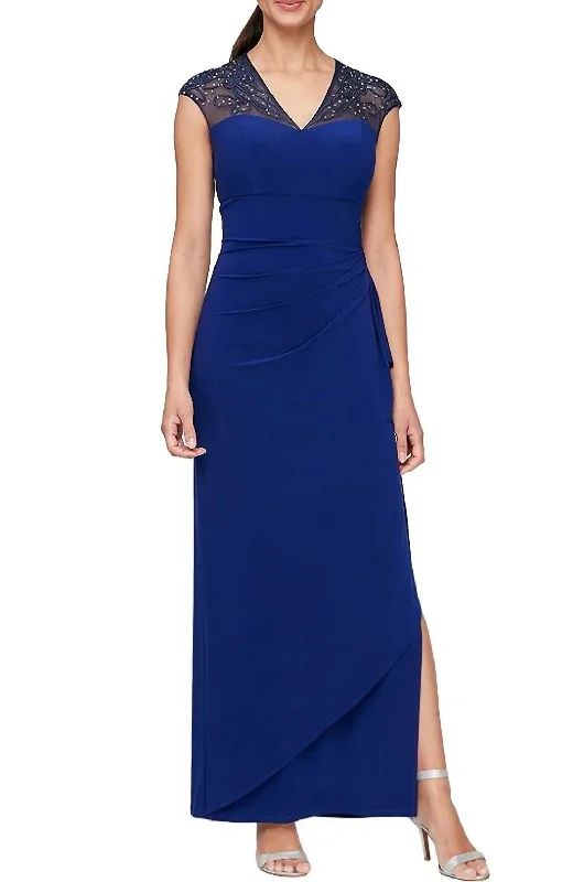 Trend Alert V-Neck Cap Sleeve Embellished Ruffle Side Slit Jersey Gown In Royal Blue Art Deco Geometric Pattern Look