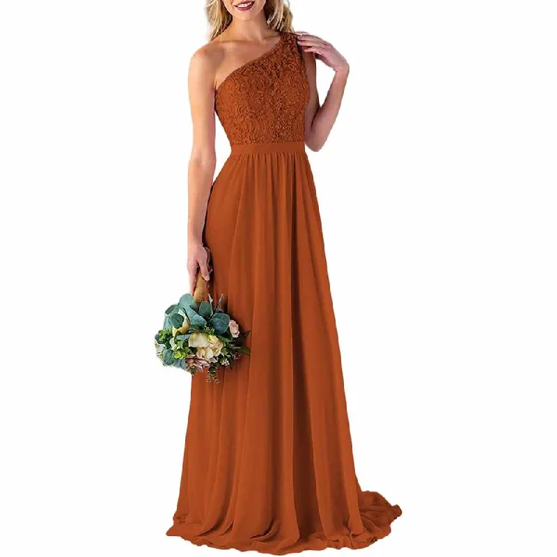 Browse Our Top Products One Shoulder Bridesmaid Dresses Long for Wedding with Pockets Lace Bodice A-Line Chiffon Formal Party Gown Elegant Attire