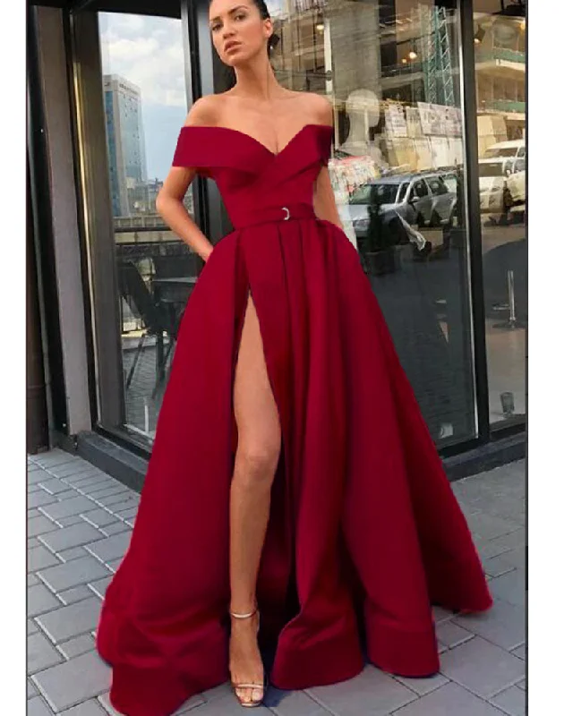 Feminine Luxe Style Sale Dark Red A Line Satin High Slit Long Burgundy Prom Dresses Evening Gown With Pocket ,Vestido De Fiesta 2022 LP0620 Lightweight Fabric