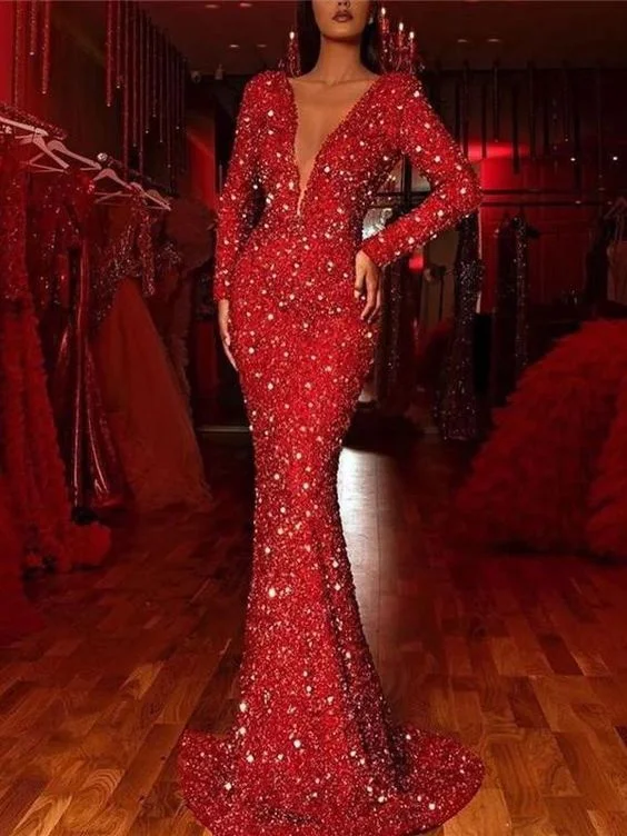 Hot Brand Discounts Sparkling Long Red Dress Sexy Deep V-Neck Long Sleeve Bodycon Evening prom Dress   cg13497 Feminine Elegance