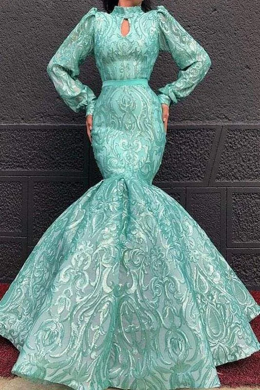 Stupidly Low Prices Chic Lace High Neck Long Sleeve Mermaid Prom Dresses    cg21600 Weekend Special