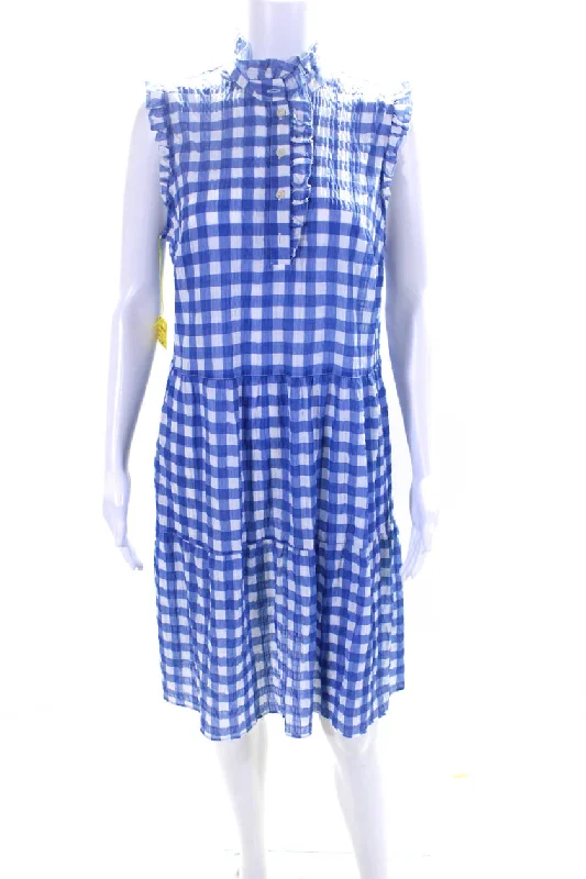 Relaxed Style Deals 0039 Italy Womens Blue Gingham Ruffle Crew Neck Sleeveless Pompae Dress Minimalist Elegant