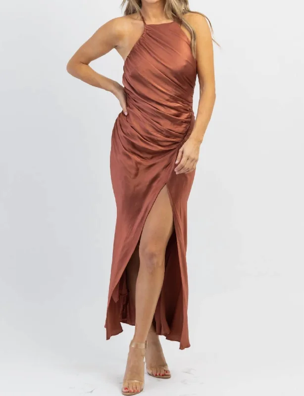 Fresh Fashion Discounts Biltmore Satin Shirring Dress In Rust Dreamy Draping