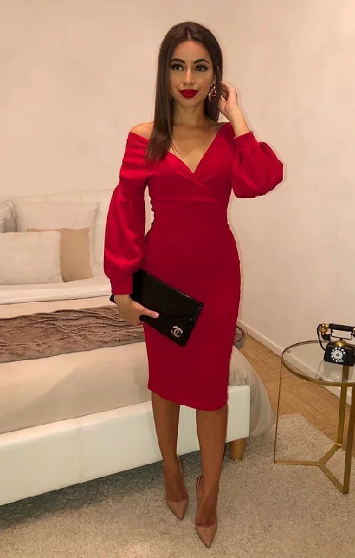 You'Ll Love Us Because Red Belted Bodycon Midi Dress Prom Dress With Sleeve   cg18713 Refined Simplicity