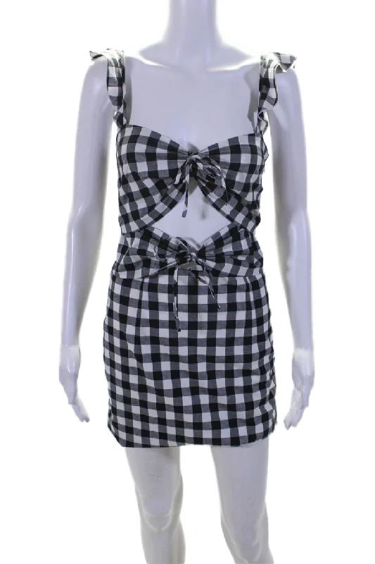 Feminine Style Promotions Wayne Womens Sleeveless Square Neck Check Print Dress Black White Effortless Grace