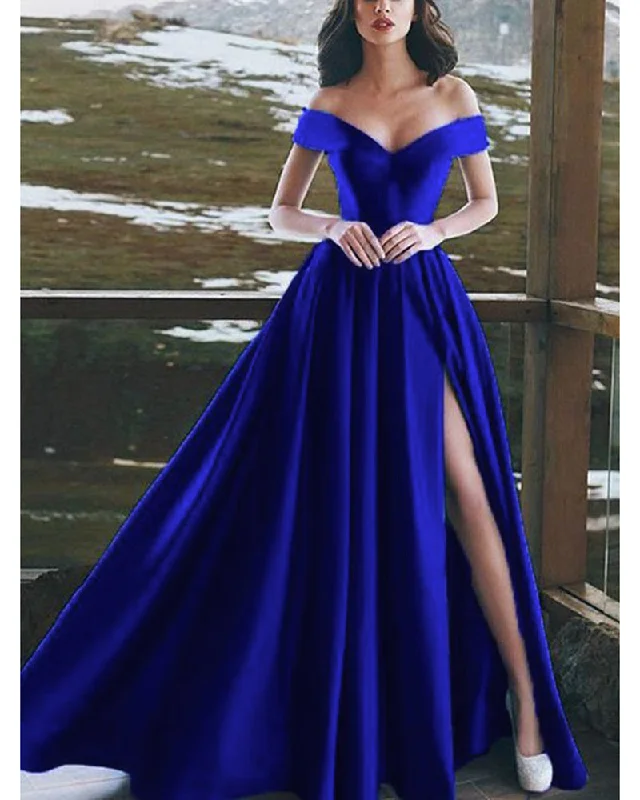 Street Chic Discounts Elegant Satin A Line Off the Shoulder Split Leg Royal Blue Prom Dress Long PL10103 Vintage Elegance