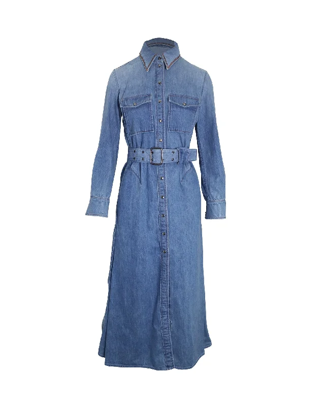 Comfortable Chic Chloe Belted Midi Shirt Dress in Blue Cotton Denim Playful Elegance