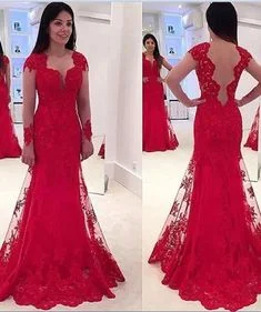 Exclusive Discounts Prom Dresses Elegant, Red Column/Sheath Long Sleeves Lace Prom Dresses   cg7630 Romantic Detailing