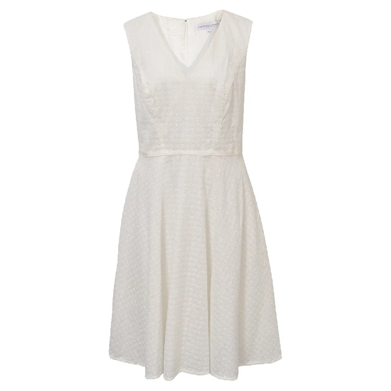 Budget Friendly Carolina Herrera Midi V-Neck Sleeveless Dress in White Eyelet Cotton Bold Patterns