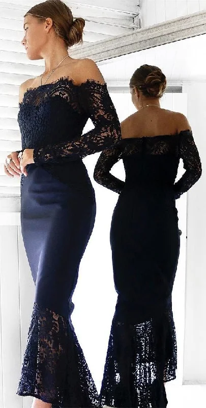 On-Trend Fashion Offers Mermaid Off-the-Shoulder Prom Dress Long Sleeves Navy Blue Cocktail Dress  cg6937 Minimalist Office - Ready Style