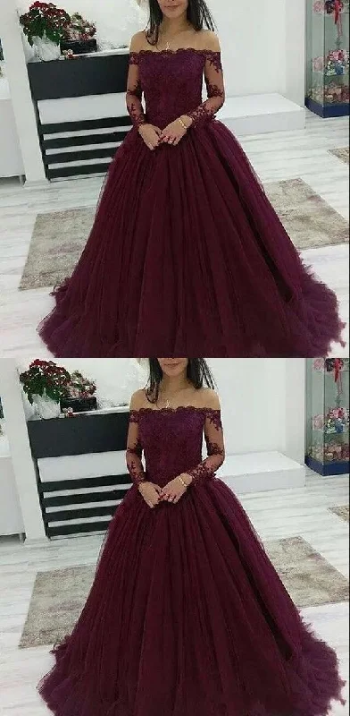 Unleash Your Style Burgundy Prom Dresses Off The Shoulder Lace Applique Long Sleeves Tulle Evening Dress    cg16824 Bold Silhouette