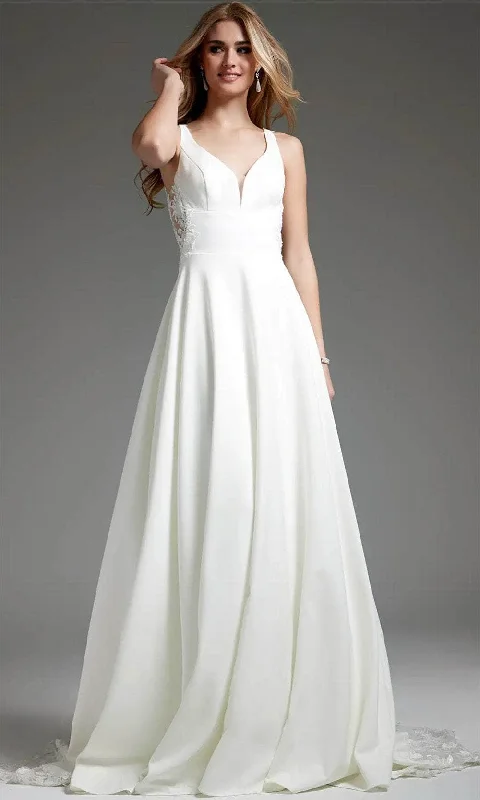 Stylish Deals Jovani JB42294 - V-Neck Crepe A-Line Bridal Gown Vintage Elegance